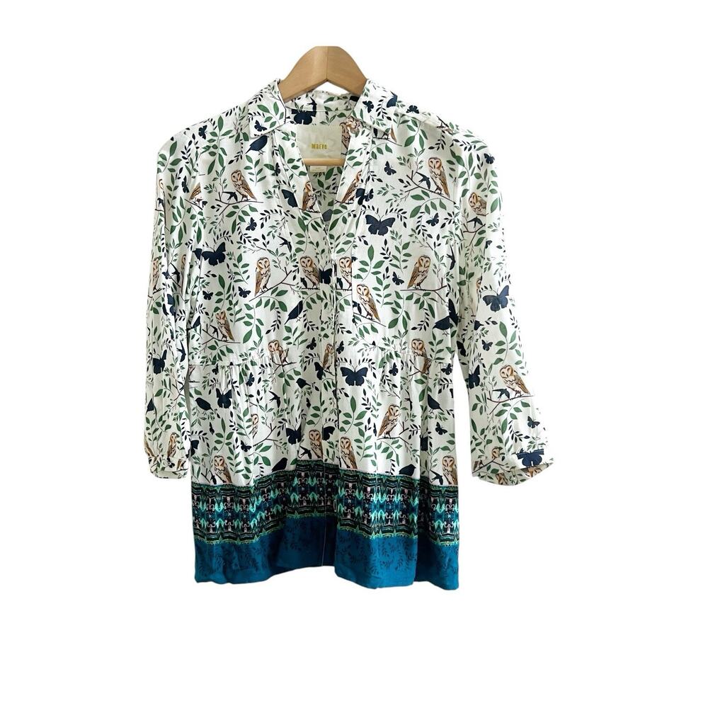 Anthropologie Maeve Woodland Owl Button Front Blouse Size 00P Whimsical Preppy
